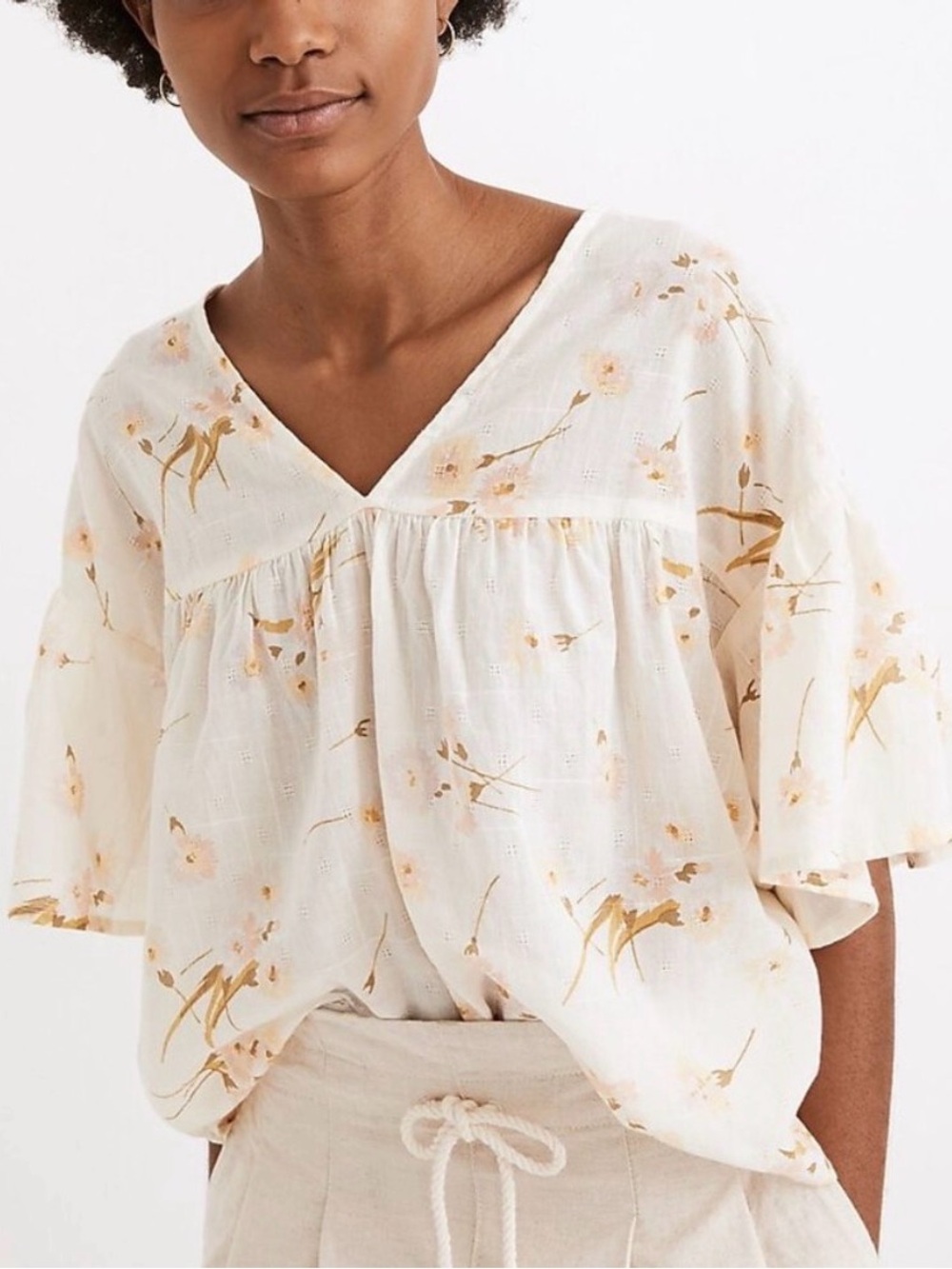 Madewell Floral Cotton Babydoll Top Size M Cream Daisy Flutter Sleeve